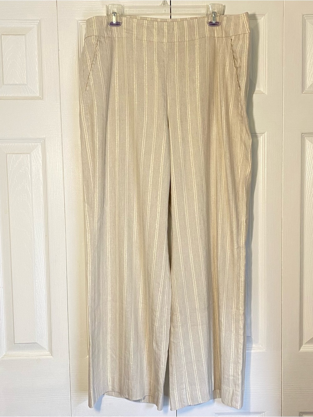 Chico's Pull On Stretch Linen Vacay Stripe Wide Leg Pants Beige Metallic 12P